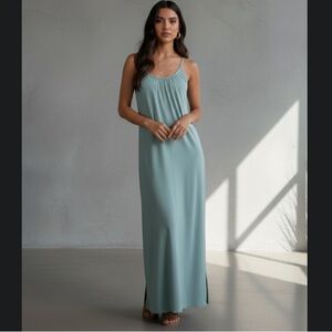 PACT Aqua Blue Organic Cotton Shelf Bra Maxi Dress Size Medium